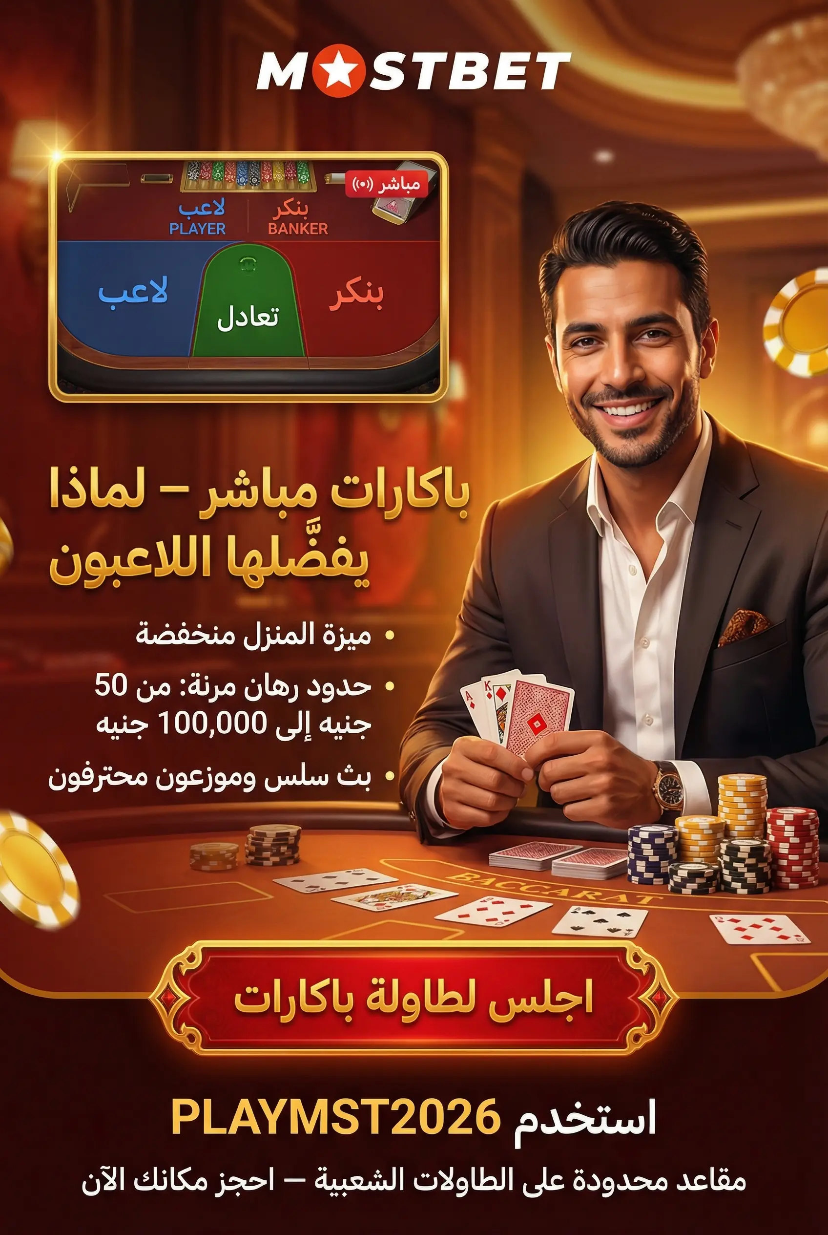 صورة عمودية للعبة باكارات مباشر Mostbet ولماذا يحبها اللاعبون