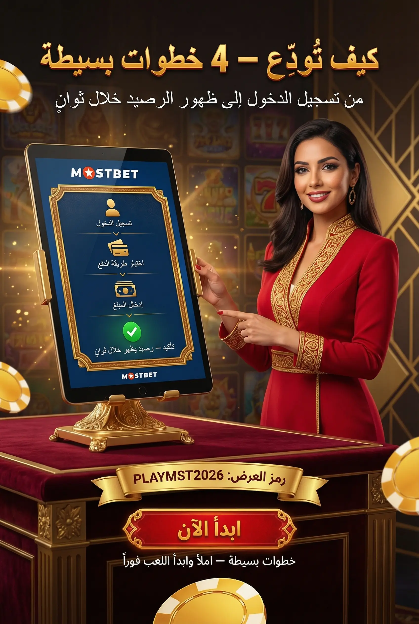 صورة عمودية لخطوات إجراء الإيداع في Mostbet