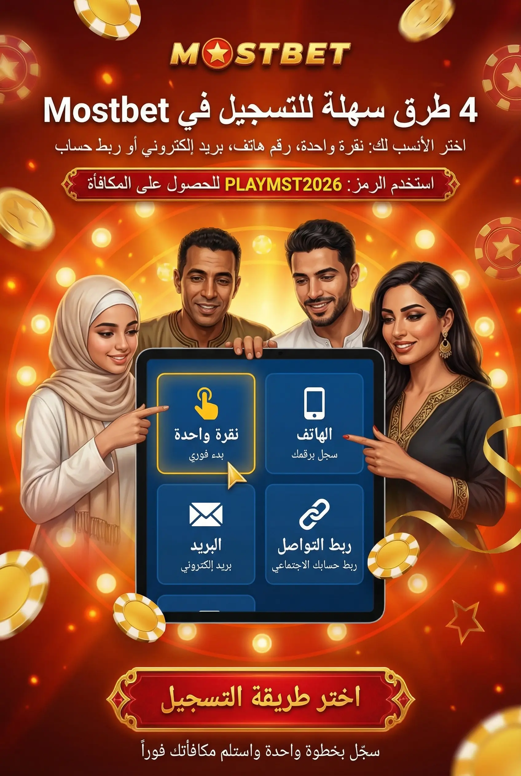 خيارات طرق التسجيل المتاحة في Mostbet