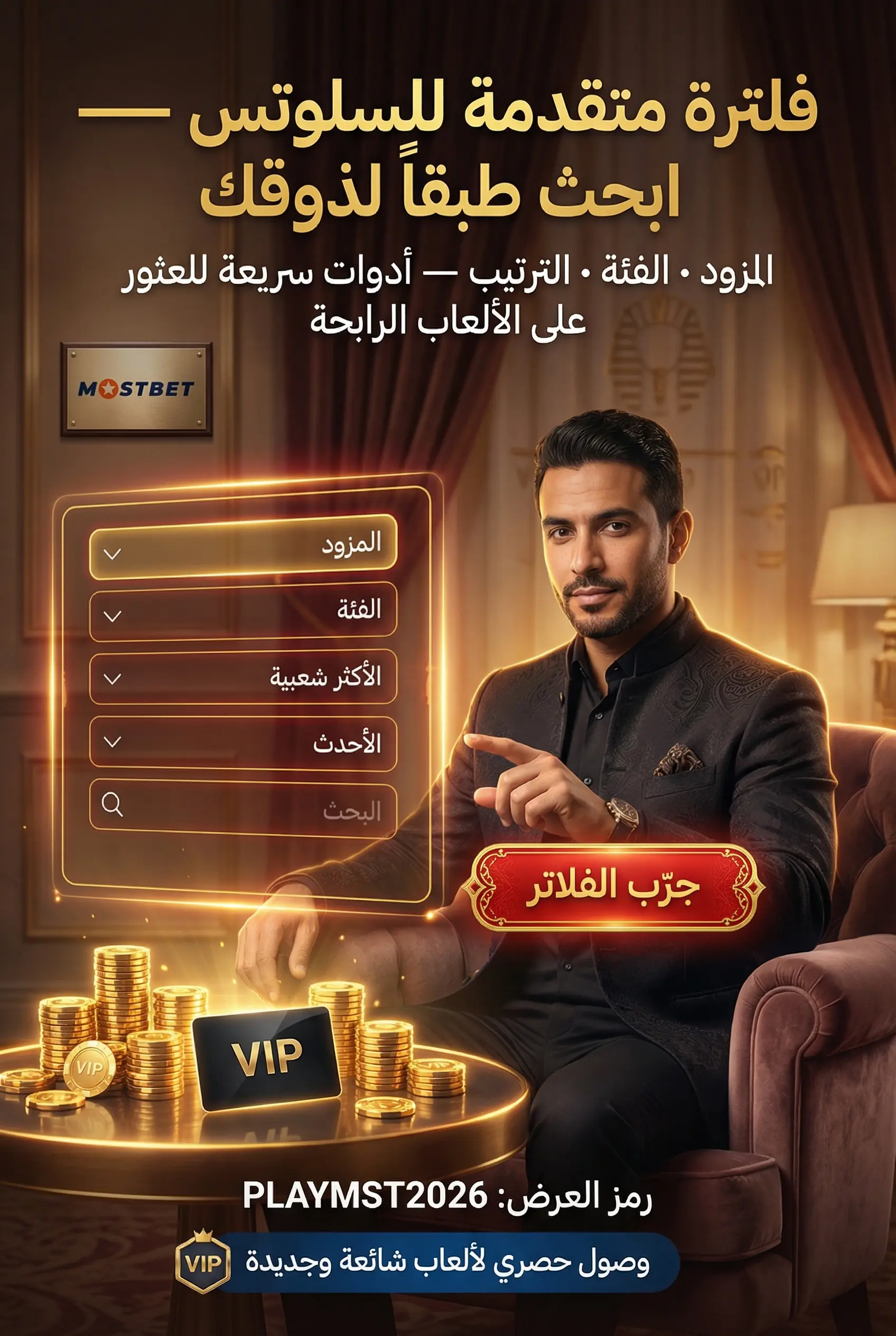 صورة عمودية لفلاتر السلوتس في كازينو Mostbet